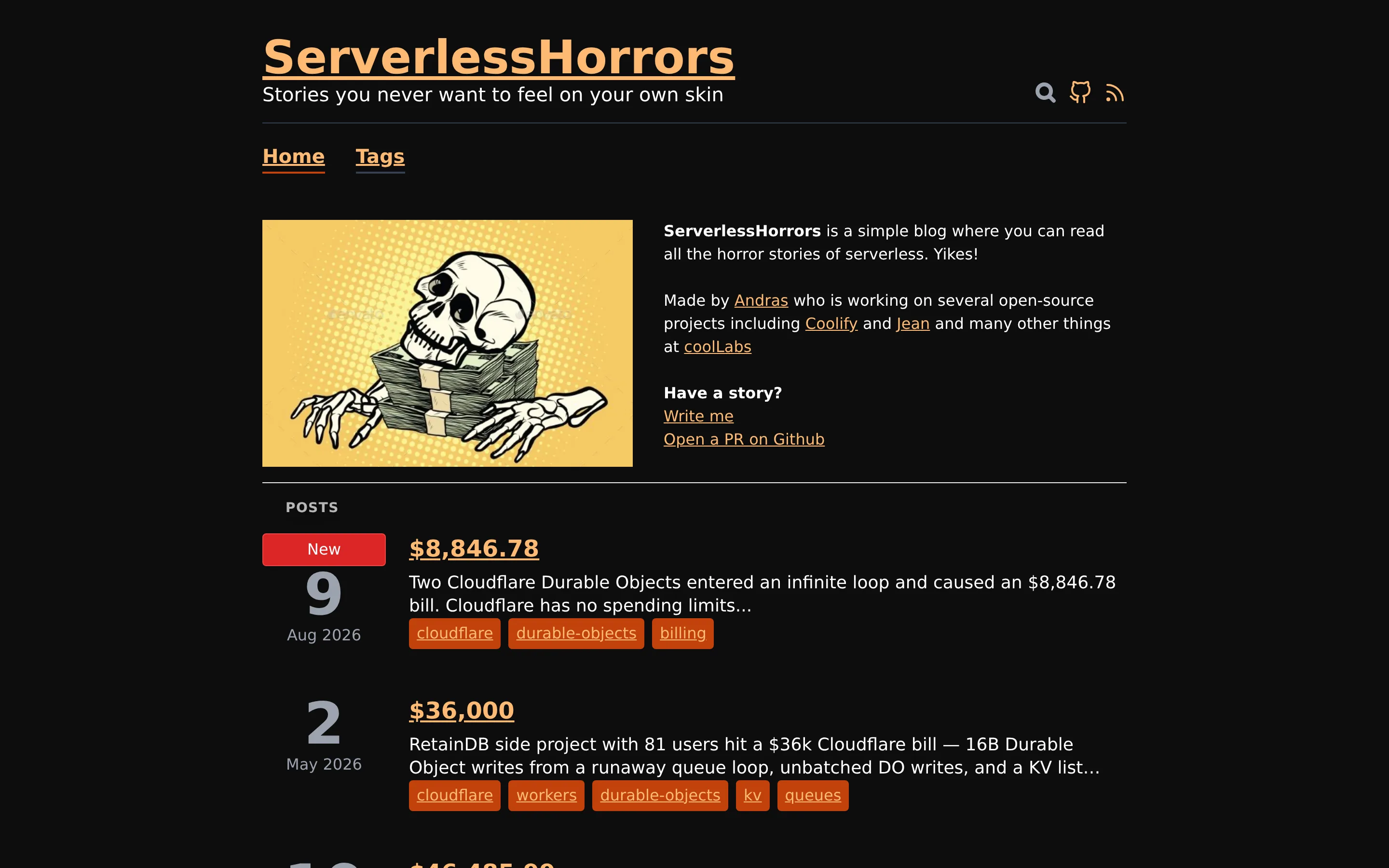 Serverless Horrors blog with a list of posts about huge cloud bills